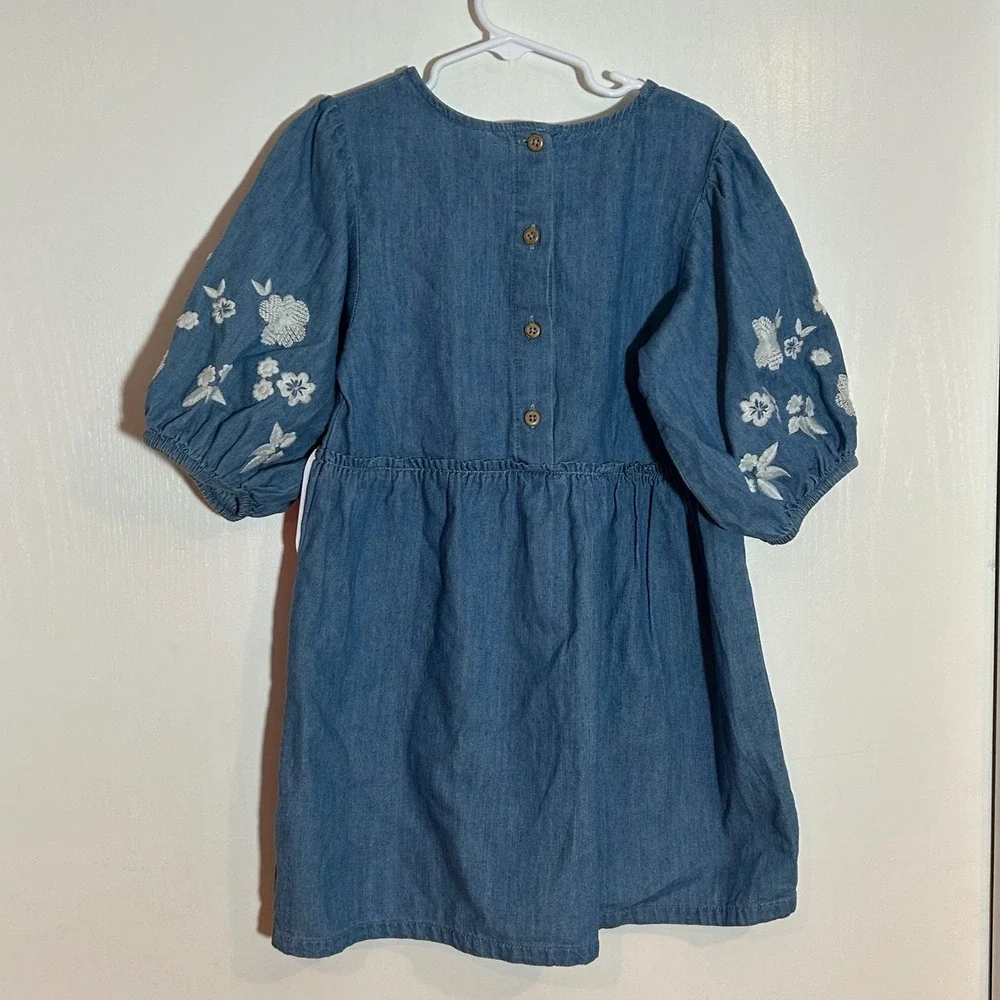 NWT Wonder Nation Girls XS 4-5 Blue Chambray Embroidered Bubble‎ Sleeve Dress
